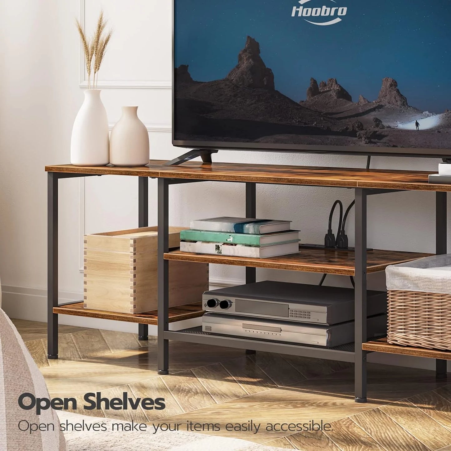 TV Stand with Power Outlets to 75 Inches, TV Console Table with Open Storage Shelves Cabinet, Industrial Media Entertainment Center for Living Room Bedroom, Rustic Brown and Black BF60DS01