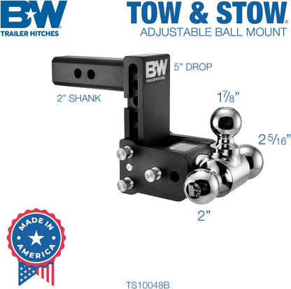 Tow & Stow Adjustable Trailer Hitch Ball Mount - Fits 2" Receiver, Tri-Ball (1-7/8" x 2" x 2-5/16"), 5" Drop, 10,000 GTW - TS10048B