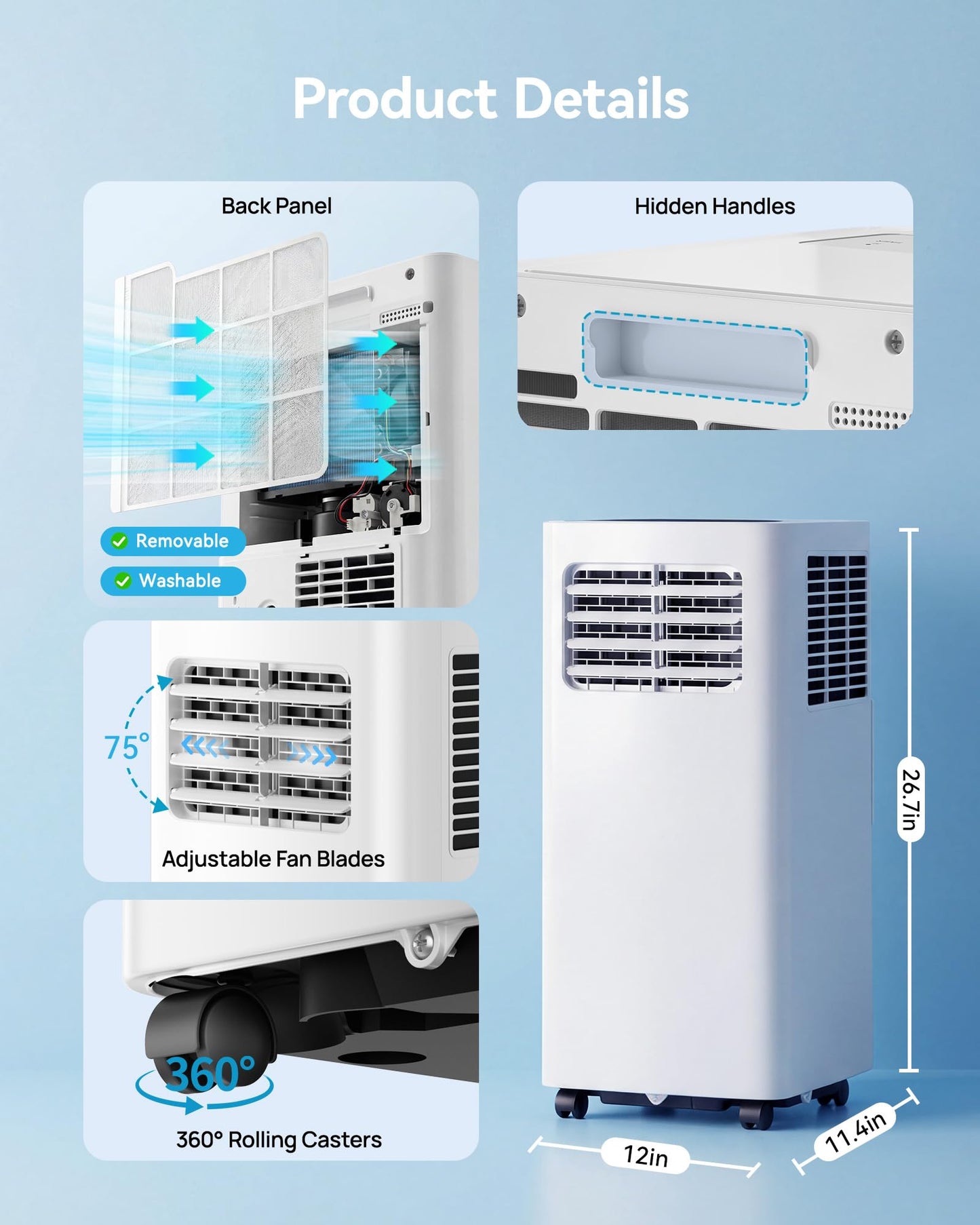 FEELFUNN 8000 BTU Portable Air Conditioner - 3-in-1 Quiet AC