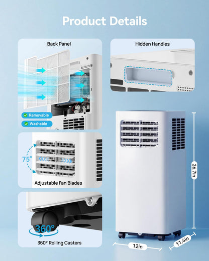 FEELFUNN 8000 BTU Portable Air Conditioner - 3-in-1 Quiet AC