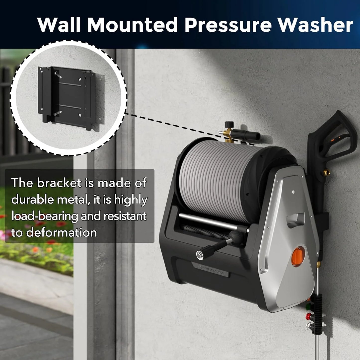 Pressure Washer, Electric Wall Mounted Power Washer with 100FT Retractable Hose, Soap Tank and 4-Nozzle Set, Dark Silver