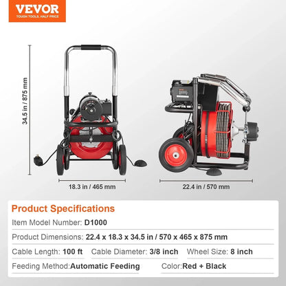 VEVOR Drain Cleaner Machine 100FT x 1/2 Inch, Auto Feed Sewer Snake Auger on Wheels, 550W Portable Drain Cleaning Machine with 8 Cutters & Air-activated Foot Switch for 2" to 4" Pipes