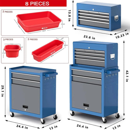 Tool Chest 8-Drawer | 42'' Large Rolling Tool Chest with Wheels | Detachable Top Metal Tool Box | Garage Storage Cabinet for Repair Room,Warehouse | Rolling Tool Box with Hooks,Liners,Tray Divider