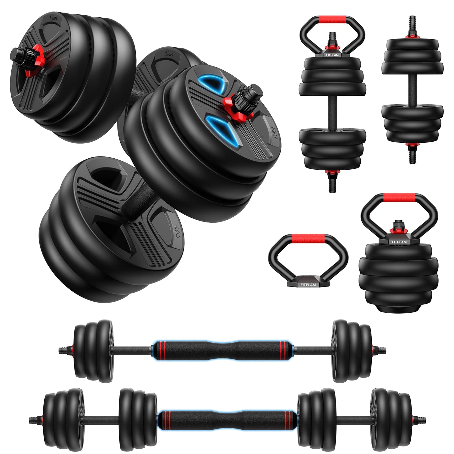 FITPLAM Adjustable Dumbbell Set 20-90lbs - 5 in 1 Weights