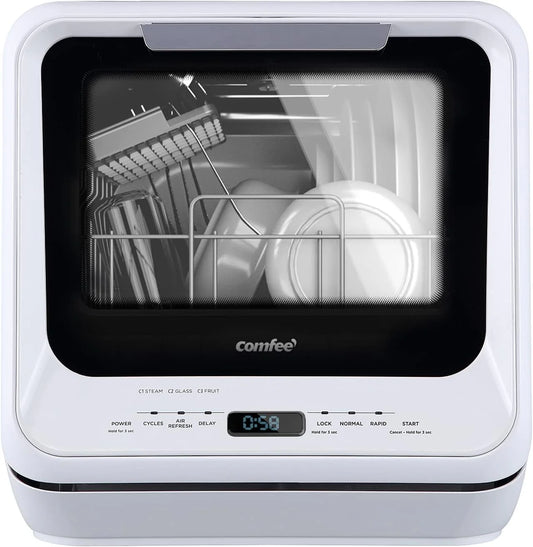 COMFEE' Portable Dishwasher Countertop with 5L Built-in Water Tank, No Hookup Needed, 6 Programs, 360° Dual Spray, 192℉ High-Temp& Air-Dry Function, Mini Dishwasher for RVs, White