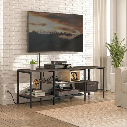TV Stand with Power Outlets to 75 Inches, TV Console Table with Open Storage Shelves Cabinet, Industrial Media Entertainment Center for Living Room Bedroom, Rustic Brown and Black BF60DS01