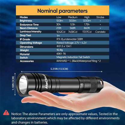 Scuba Diving Flashlight with Rechargeable Dive Light Scuba Diving 5500LM Underwater Flashlight 328ft IPX8 Waterproof 4 Modes Scuba Dive Light with Charger for Submarine Deep Sea Snorkeling