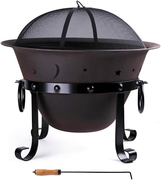Cast Iron Fire Pits, Outdoor Round Wood Burning Fire Pit Bowl with Mesh Screen,Fireplace Poker,29 inch cast Iron Black