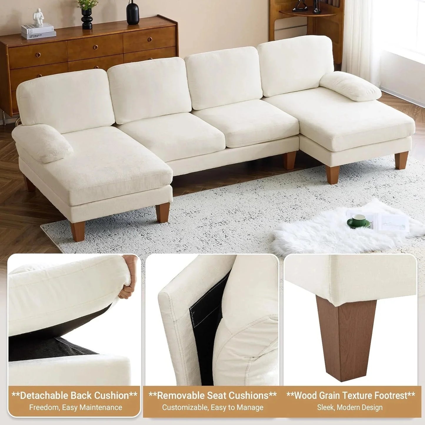 VINGLI 110" Sectional Couches for Living Room,U Shaped Couch with Double Chaise, 4-Seat Sofa Set with Chenille Fabric for Home Furniture,Beige