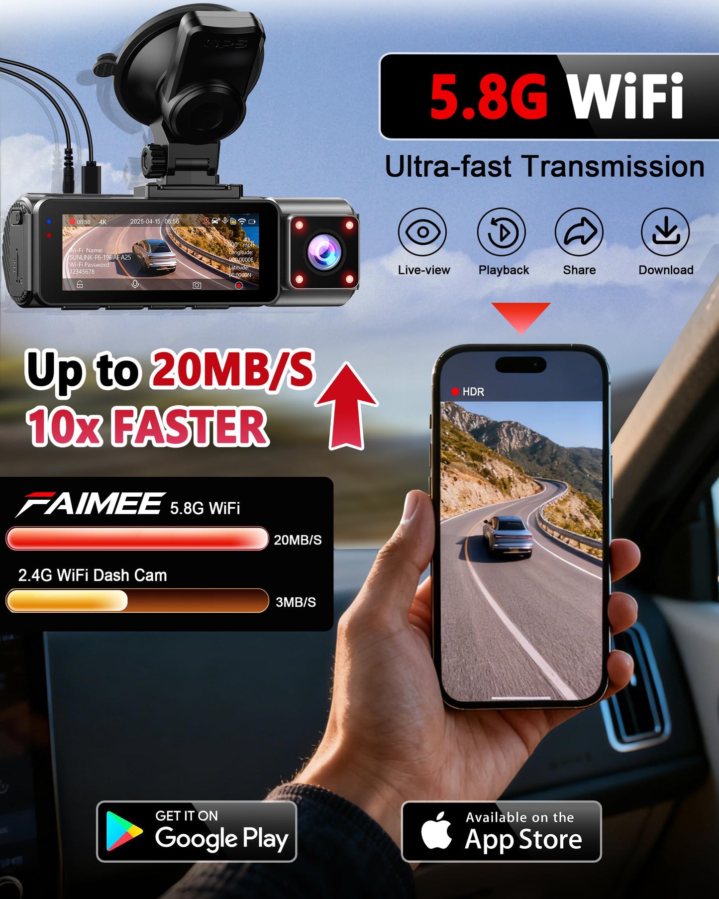 FAIMEE 4K Dash Cam Dual Wifi, GPS, Night Vision, 128GB Card