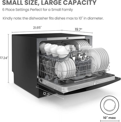 Countertop Dishwasher, Energy Star Portable Dishwasher, 6 Place Settings & 8 Washing Programs, Speed, Baby-Care, ECO& Glass, Dish Washer for Dorm, RV& Apartment, Black