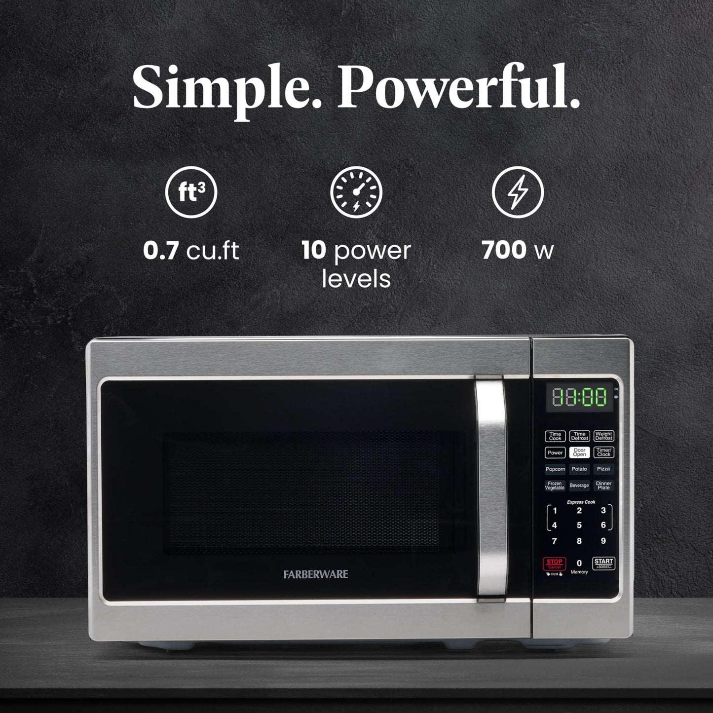 FARBERWARE 0.7 Cu. Ft. Microwave Oven – 700W, Auto Cook, Stainless