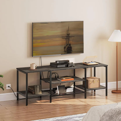 TV Stand with Power Outlets to 75 Inches, TV Console Table with Open Storage Shelves Cabinet, Industrial Media Entertainment Center for Living Room Bedroom, Rustic Brown and Black BF60DS01